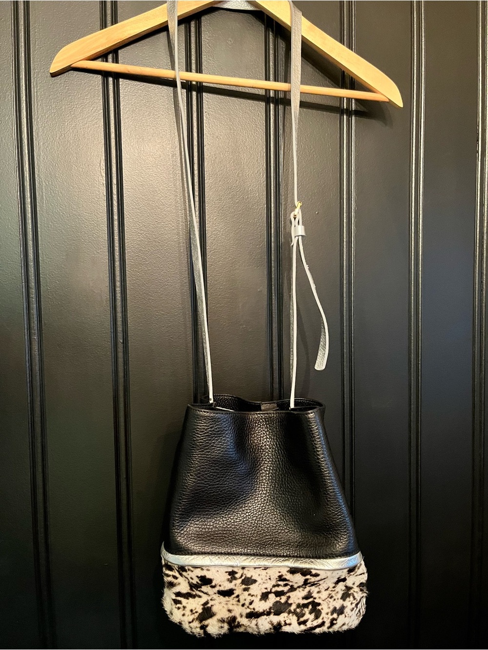 Neuville Black Leather and Cowhide Bucket Shimmer Bag